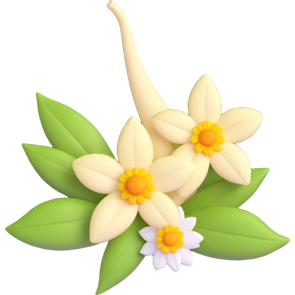 3D emoji style, realistic and luxurious vanilla icon with vanilla bean and flower, without eyes, nose, or mouth, no background emoji