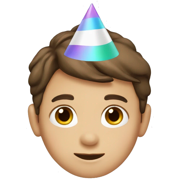 Young Boy, straight brown hair, brown eyes, white skin, birthday party hat emoji