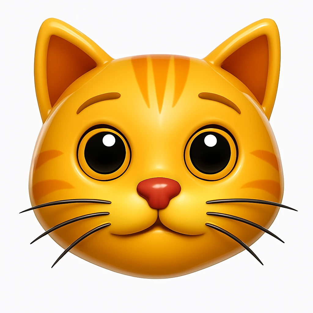 Remove the antenna thing on top of the cat's head. Keep the image exactly the same otherwise. Add a glossy effect to the fur. The style is iOS emoji style, 3D, shiny, smooth gradients, soft shadows, realistic cat face, classic emoji look. emoji