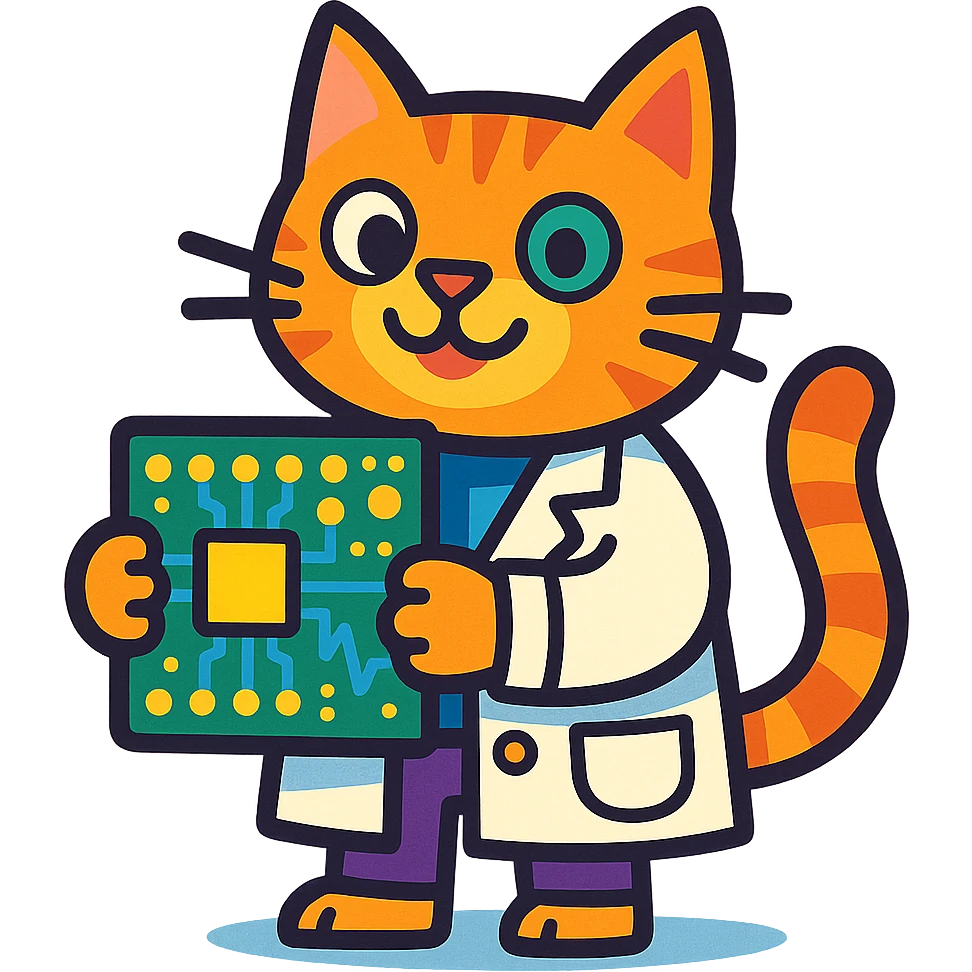 playful and colorful cat in a lab coat holding a circuit board emoji
