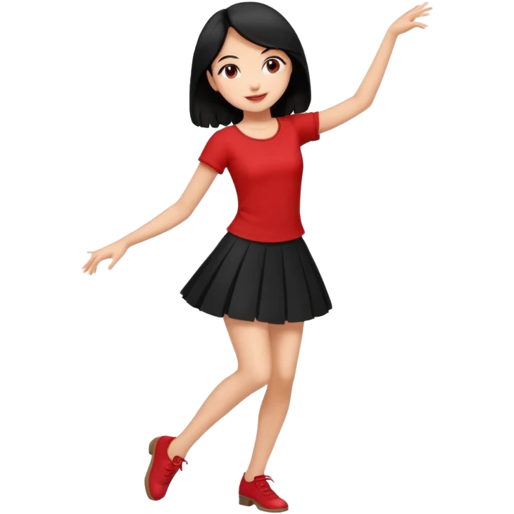 Chicas esbelta con falda corta negra y top rojo,pelo semi largo negro y lacio  super feliz,pero bailando emoji