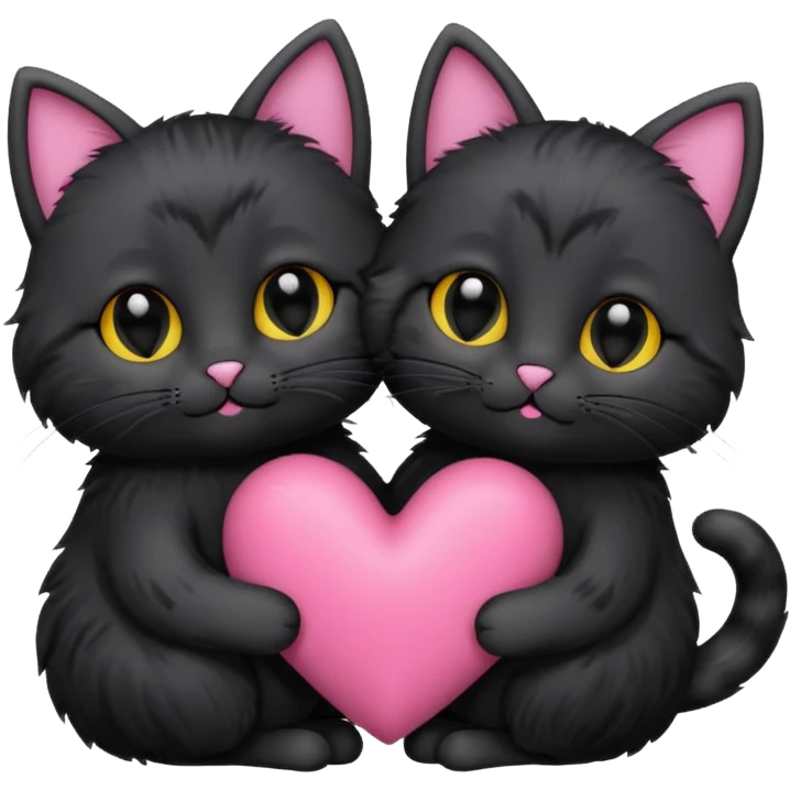 cute two black cats love, pink heart emoji