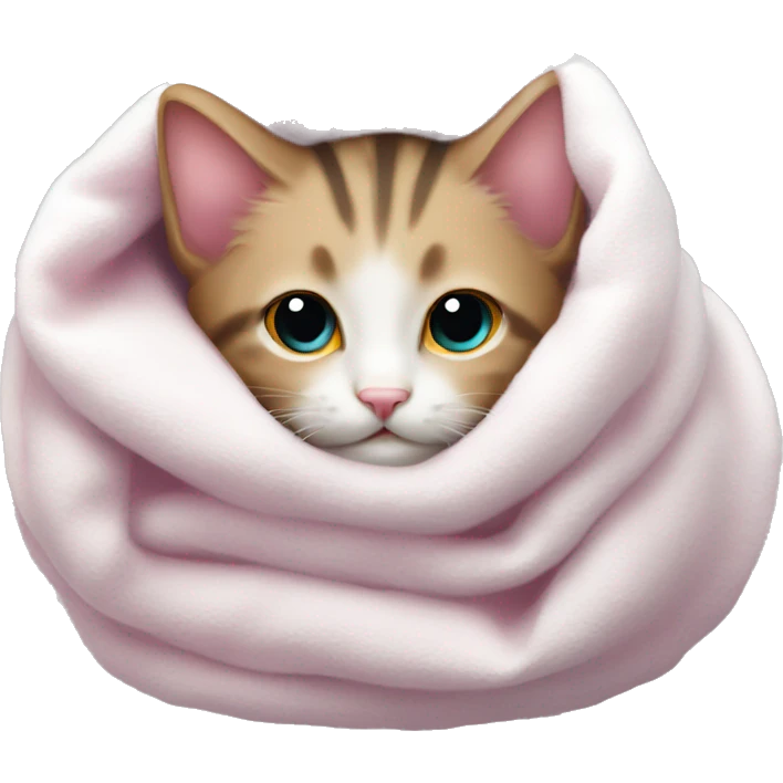 a kitten rolled up in a white soft blanket with a pink nose emoji