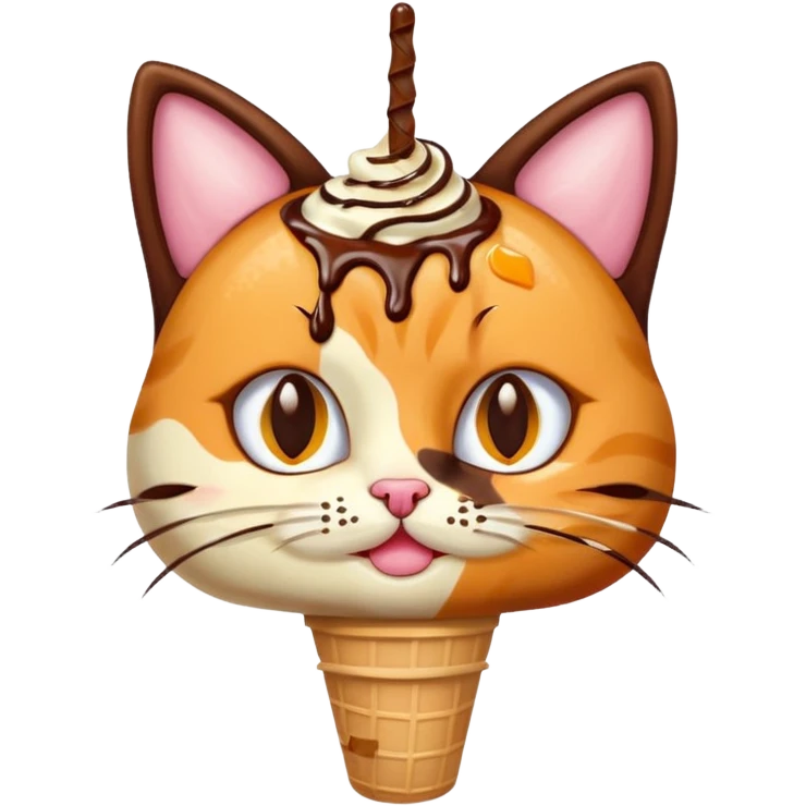 Haz un emoji de un helado de chocolate con sirope naranja, con cara de gato y orejas y bigotes de gato emoji
