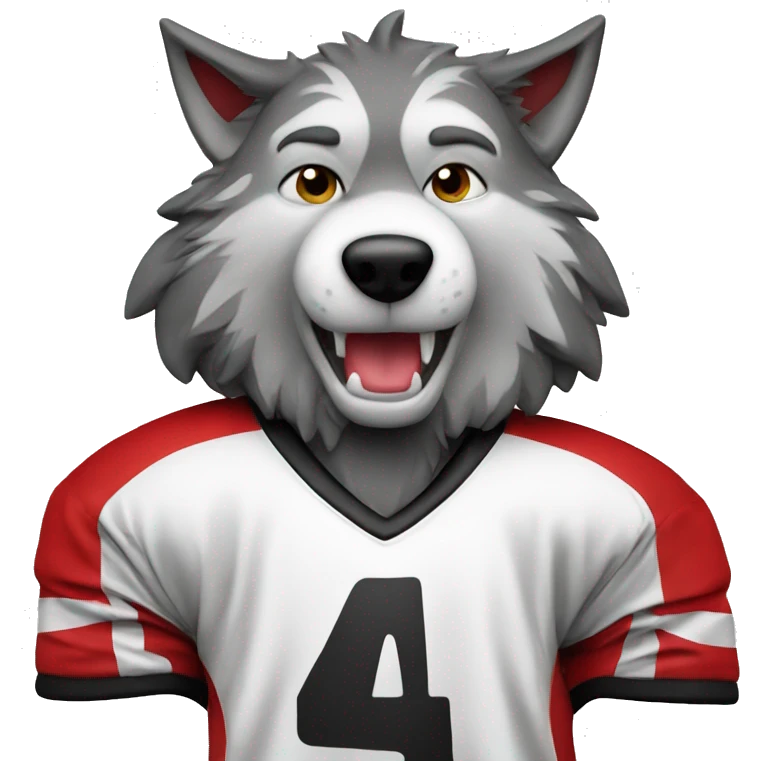 A wolf in a hockey uniform in red black and white with emoji
