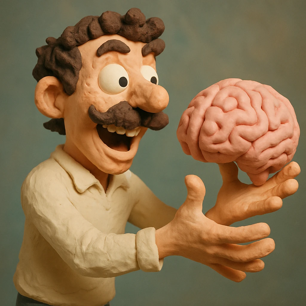 Enhance the claymation man holding a brain by adding more depth and dimension to the image. Make him more attractive and quirky, inspired by the first version, with dark curly hair, thick mustache, light skin, freckles, more movement, claymation style, visible fingerprints, and pastel colors. emoji