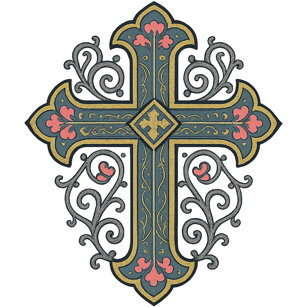 gothic cross with ornate filigree, pink accents, medieval art style emoji