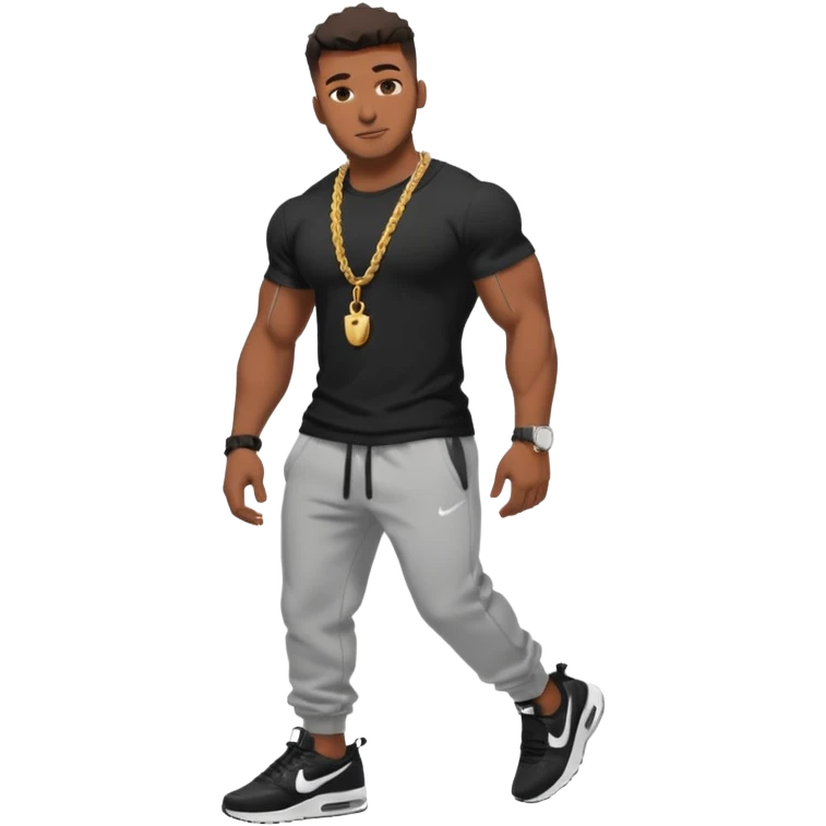 Handsome Black guy with brown skin tone, with muscular build, wearing black sweatpants, a white t-shirt, black Nike air max, a small rope chain, and a watch  emoji