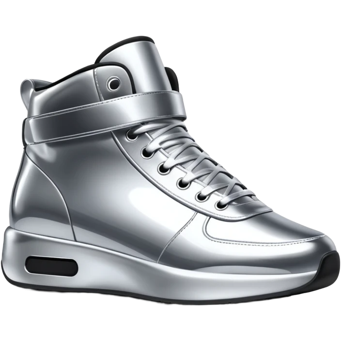 A pair of futuristic sneakers emoji made of silver chrome, sleek streetwear design, smooth metallic panels, subtle reflections, luxury swag aesthetic, iOS emoji style, centered, clean white background emoji