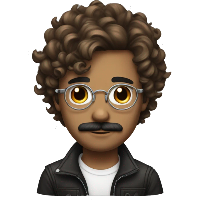 young adult man with brown wavy hair and arm tattoos, wearing brown outfit and black shoes, with silver wire glasses and moustache emoji