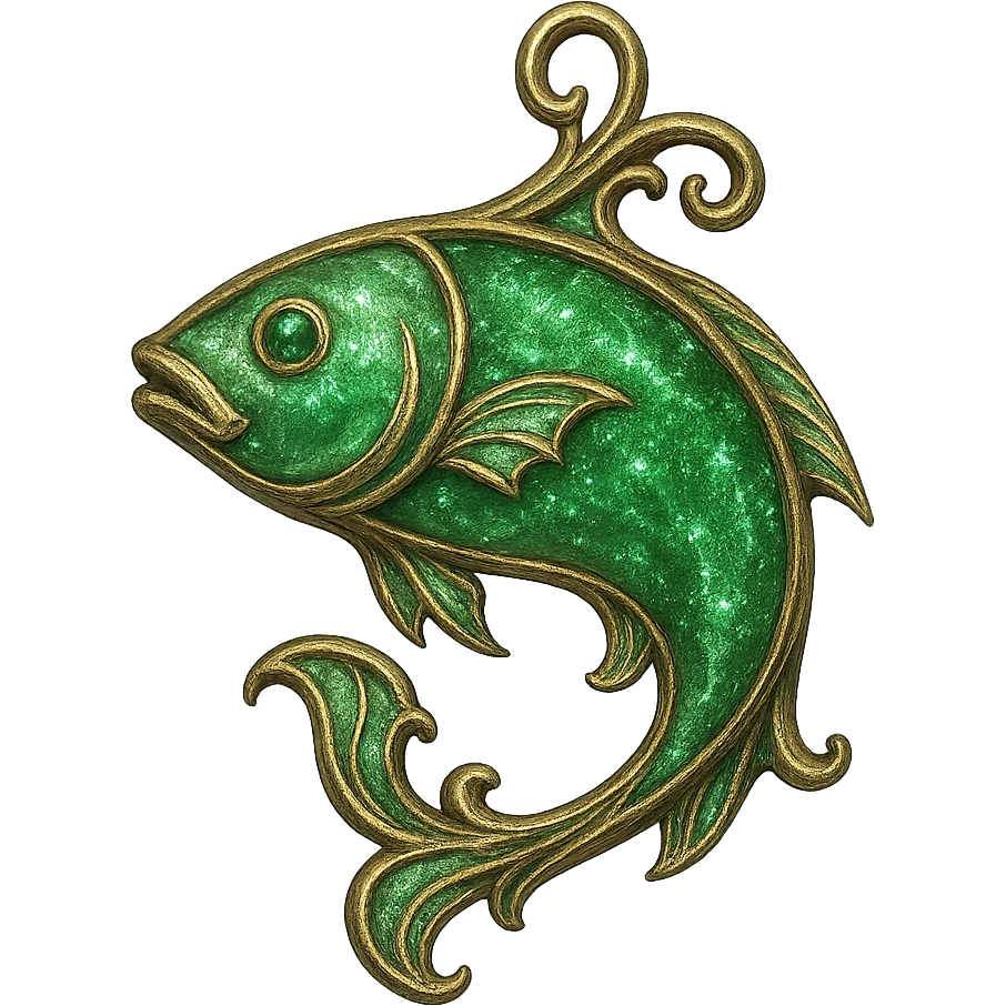 Elden Ring talisman, Green Fish, elegant jewelry design, fantasy game prop, shimmering green emoji