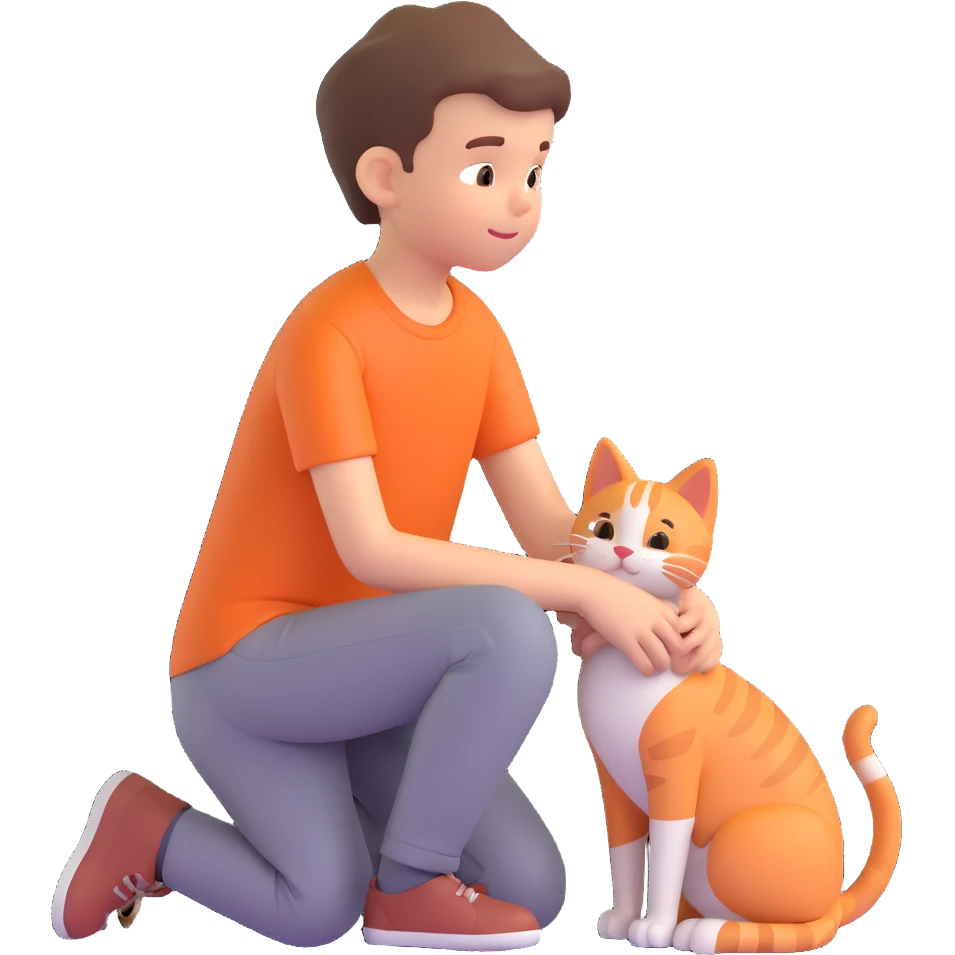 boy and cat pet in forrest background, close up pose emoji
