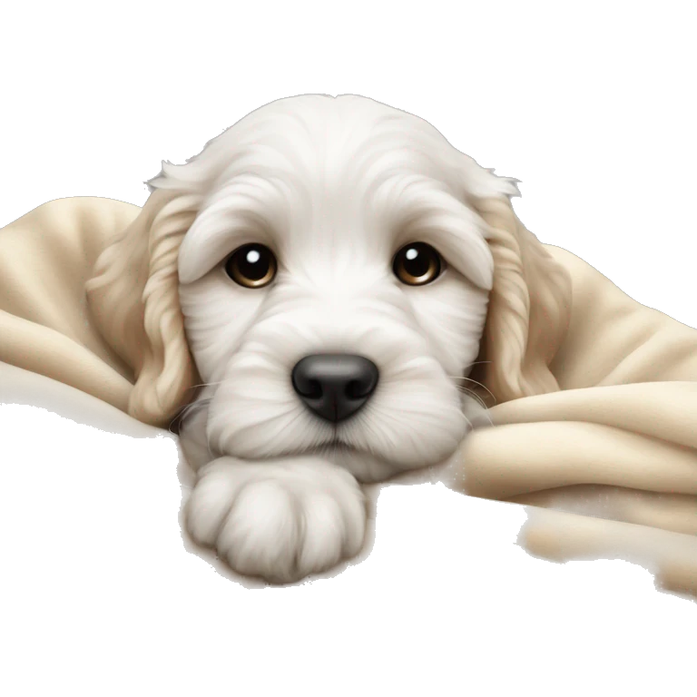 White cute cockapoo puppy sleep in blanket emoji