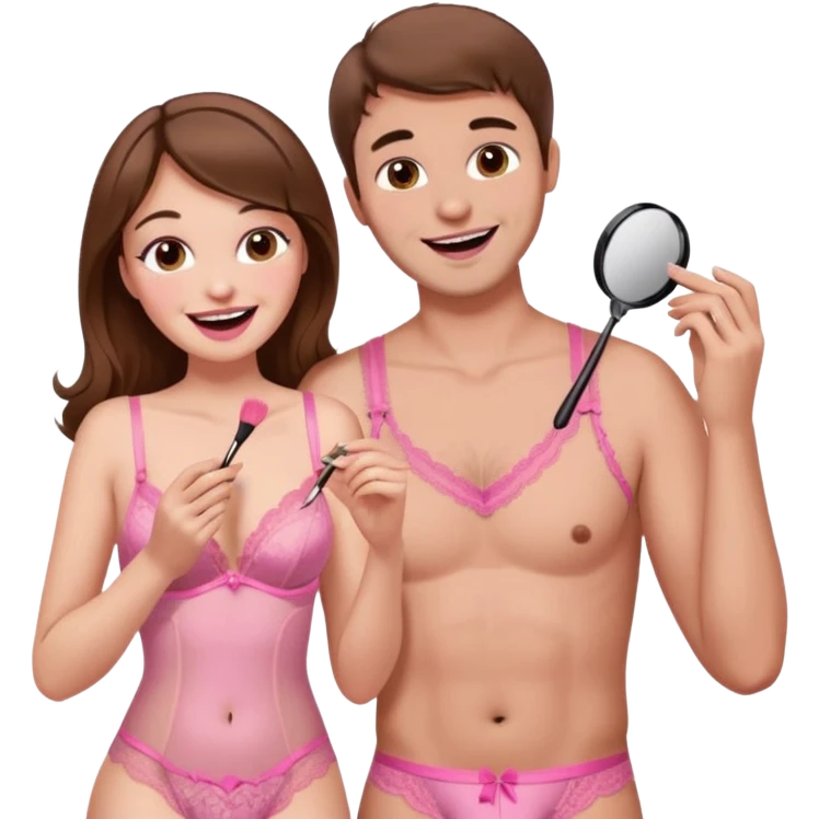 brown hair male getting sissified in pink feminine lingerie dress by his wife. the wife is laughing. she is doing makeup emoji