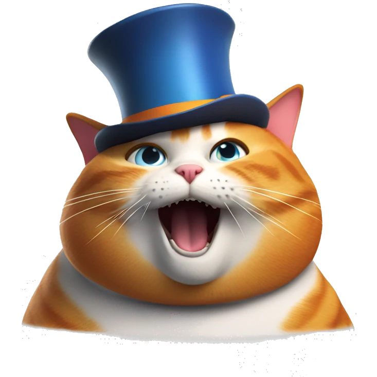 obese cat with a orange and blue tophat and is a ginger and is screaming at fortnite emoji