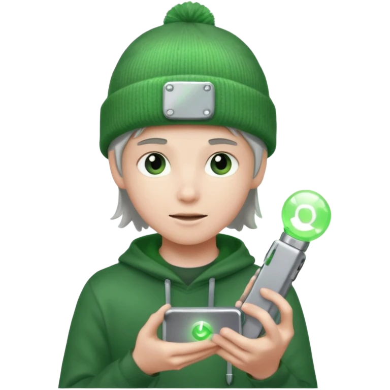 Teen hero in green beanie, holding glowing gadget.



































 emoji