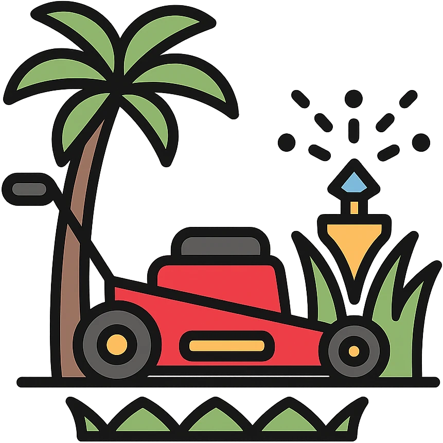 logo for lawn care company with lawn mower mowing grass, palm tree in background, water sprinkler visible, fresh inviting look emoji