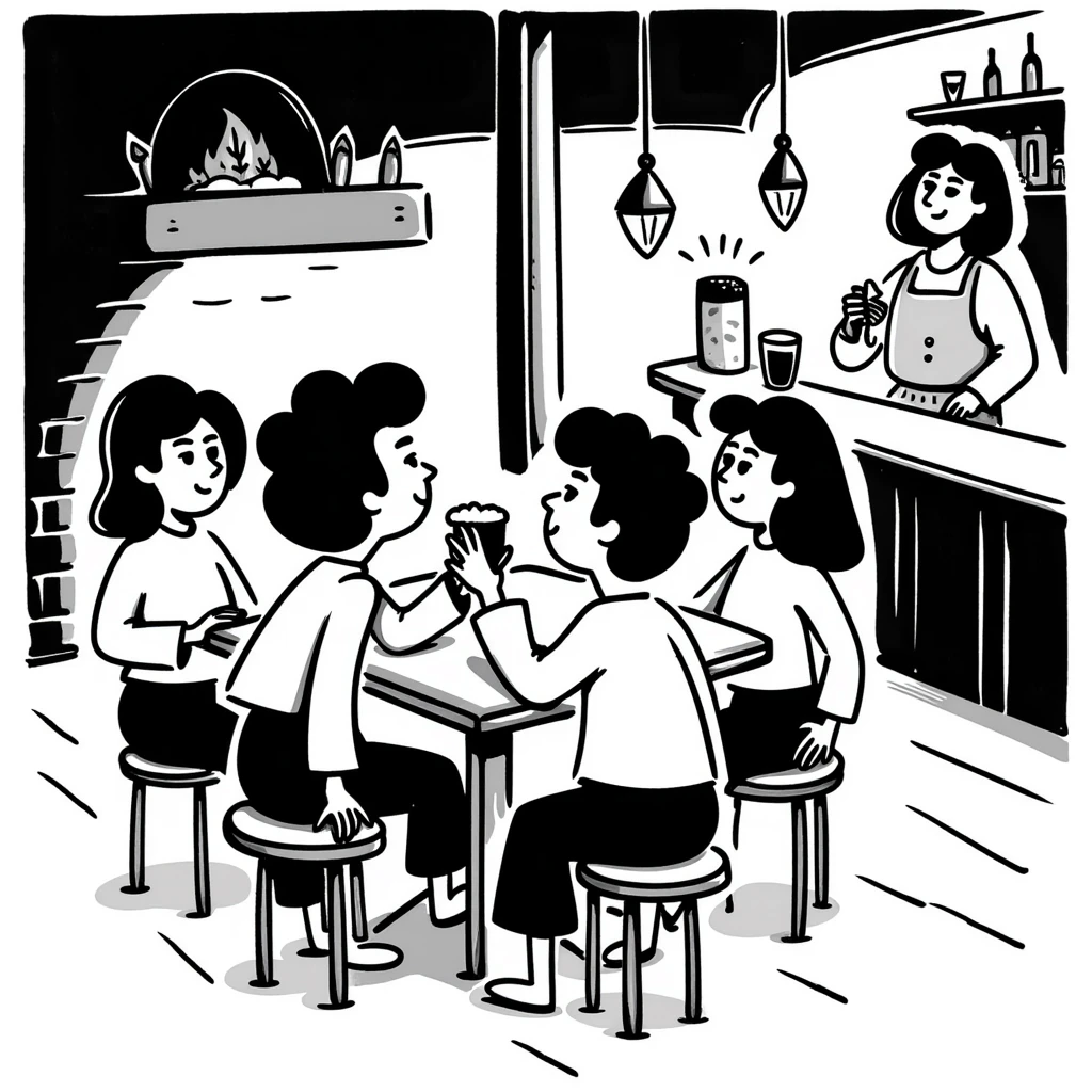 A classic RPG-style tavern scene with pixel characters around a table emoji