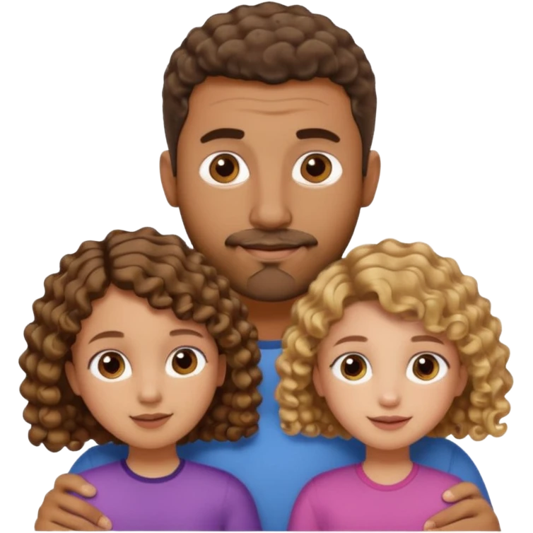 Brown dad with short fade and stubble beard with his two daughtersbone who is 5 and has curly brown and blone hair and one who is smaller who has wavy brown hair mixed race emoji