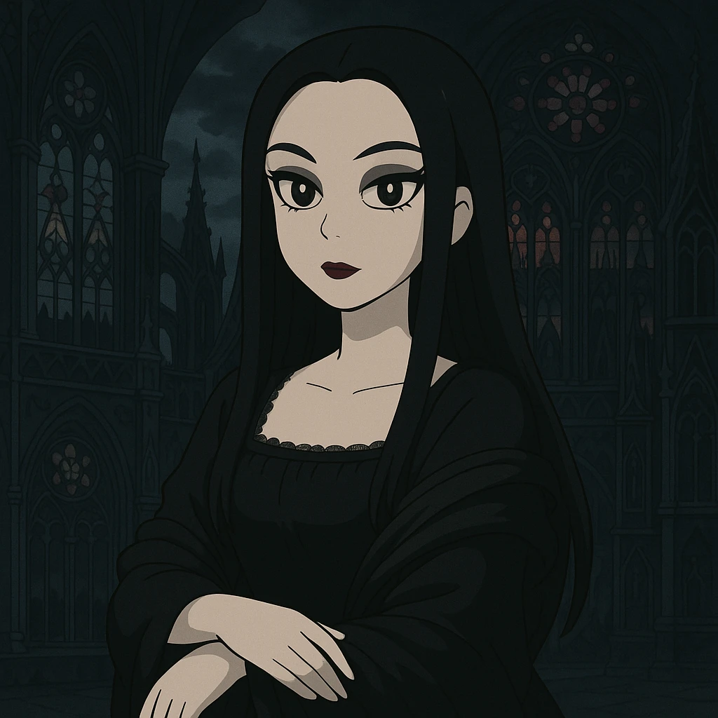 Add a dramatic gothic background featuring gothic architecture, stained glass windows, and a dark, moody atmosphere. Keep Mona Lisa in goth style with appropriate gothic elements. emoji