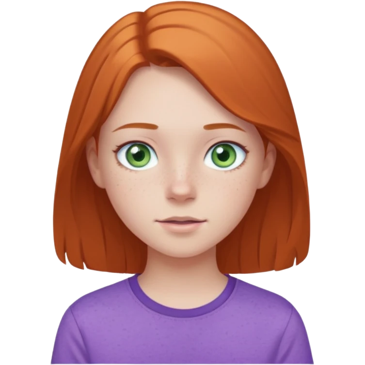 pale white teen girl with light blueish green eyes and freckles and purple shirt emoji