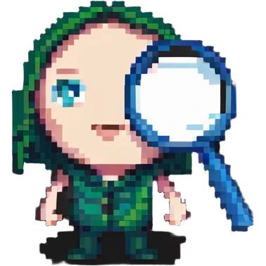 A pixelated character looking through a magnifying glass emoji