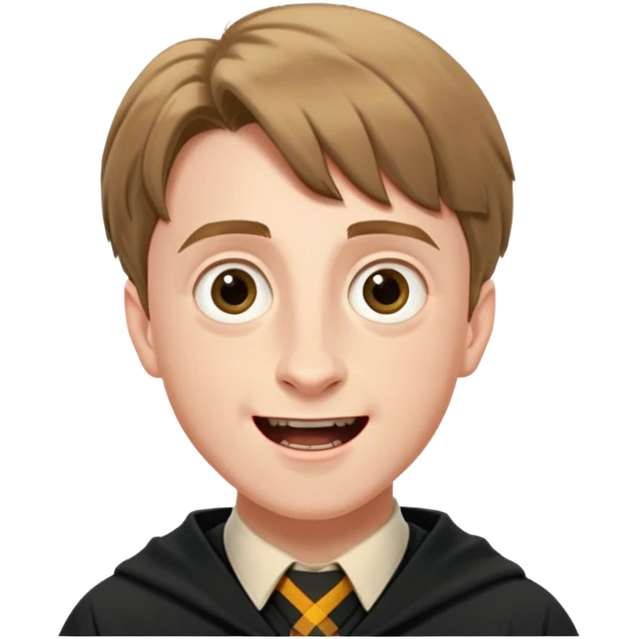 Hugh Mitchell is colin creevey in harry potter, wear hogwarts uniform,  Short light brown hair, small and skinny, wide mouth, with a perpetual look of excitement on his face. emoji