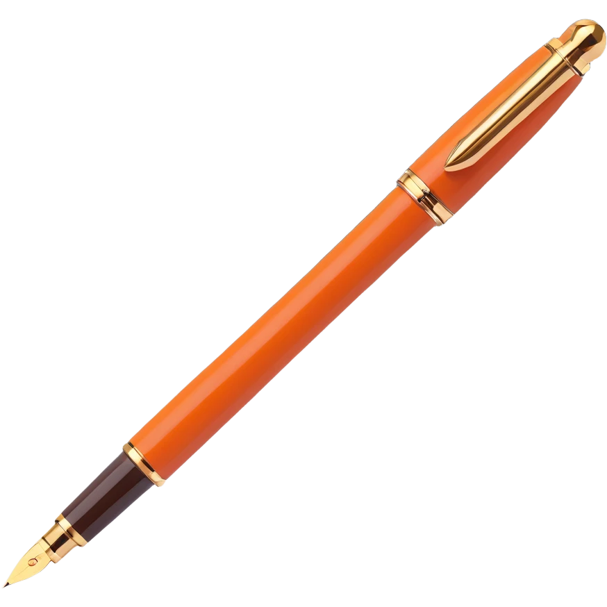 luxury 3D fountain pen, dark brown lacquer finish, gold trim, Hermès orange accent, elegant design, no text emoji