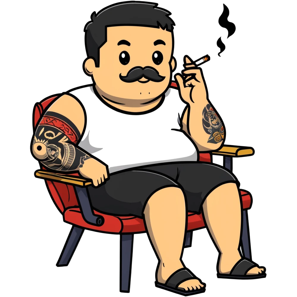 Heavy-set man leaning back in chair with legs spread, smoking cigarette, exposed belly, round face, short black hair, beard with mustache, black t-shirt with light stripes on top portion, sleeves rolled up, black shorts, arms decorated with distinct black graphic tattoo patterns emoji