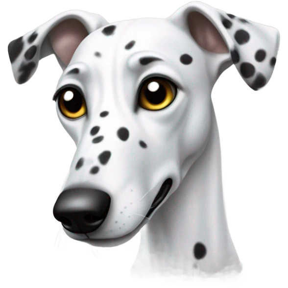 Create an emoji of a white greyhound dog with black spots, sticking its tongue out to the side. emoji