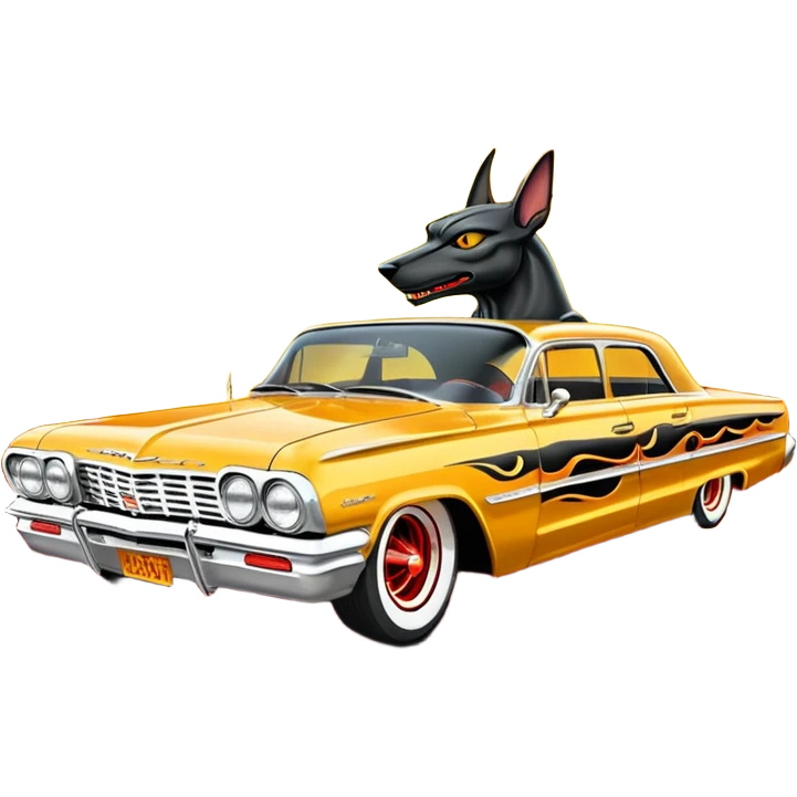 Satan’s streamlined Hot rod custom 1964 impala low rider four door Anubis themed painted hood flaming side-mounted under-door chrome exhaust pipes driving straight to hell  emoji