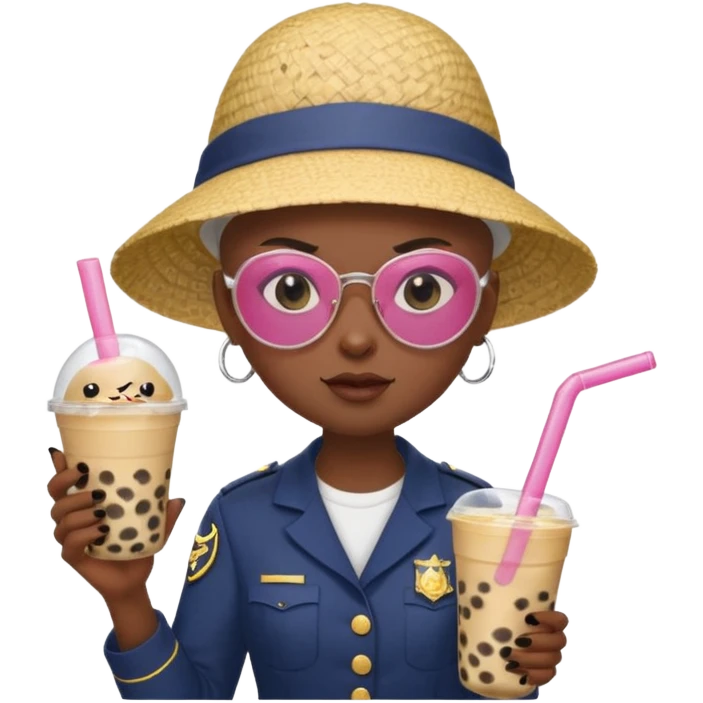 A Angry Teen Female with Dark skin and Bald, wearing a Uniform outfit, a Sunhat, Sunglasses, carrying a Enchanted staff, working as a teacher, while drinking Bubble tea and reading a Comic.
 emoji