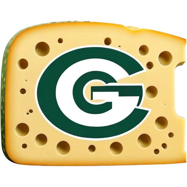 Green Bay Packers “G” logo colored in forest greeen, with a bold black outline, on a block of Swiss cheese  emoji