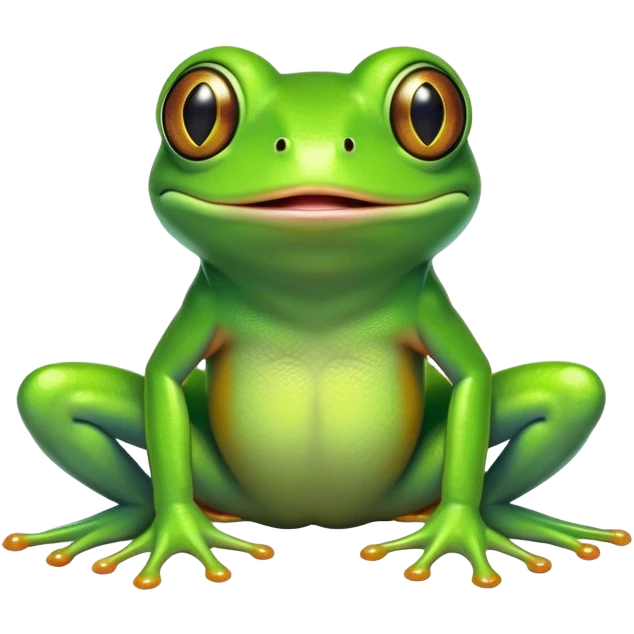 Cinematic Comical Green Tree Frog Portrait Emoji, Head tilted dramatically with an exaggeratedly amused expression, featuring a small, vibrant green body with wide, comically expressive eyes and quirky, textured skin, Simplified yet hilariously expressive features, highly detailed, glowing with a slightly sassy jungle glow, high shine, dramatic yet playful, stylized with an air of cheeky tropical mischief, soft glowing outline, capturing the essence of a meme-worthy green tree frog that looks ready to leap its way into viral fame! emoji
