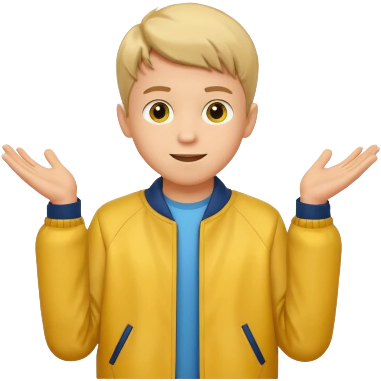 boy with good hair cut shrugging his shoulder, wearing yellow jacket and smile emoji