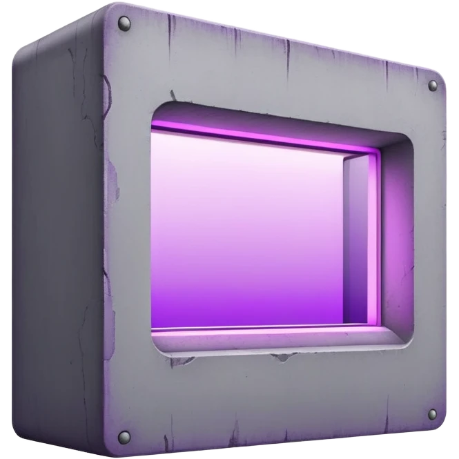 Minimalist gray concrete panel building with one window glowing bright purple from grow lights inside, simple rectangular structure emoji