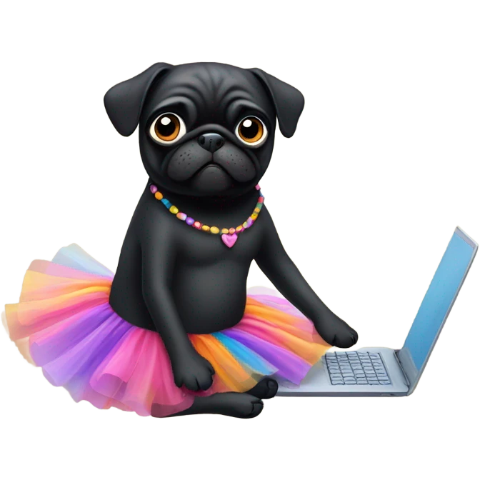 Black pug using a laptop while wearing a tutu dress emoji