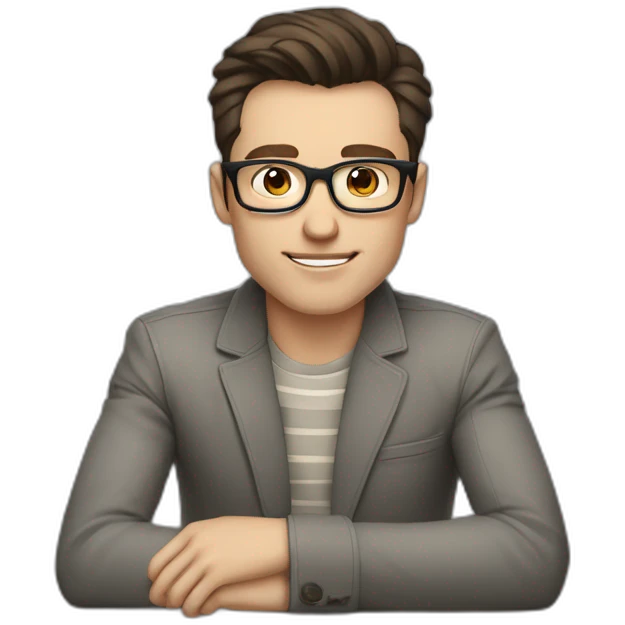 Pale skinned Fit Man With dark brown hair in gray jacket with stripe Ψ, beige shirt and vintage glasses Sitting at the table emoji