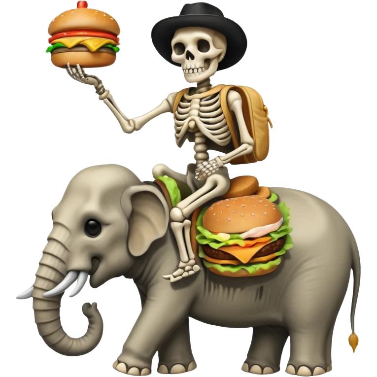 Skeleton Rider on elephant, eating burger. emoji