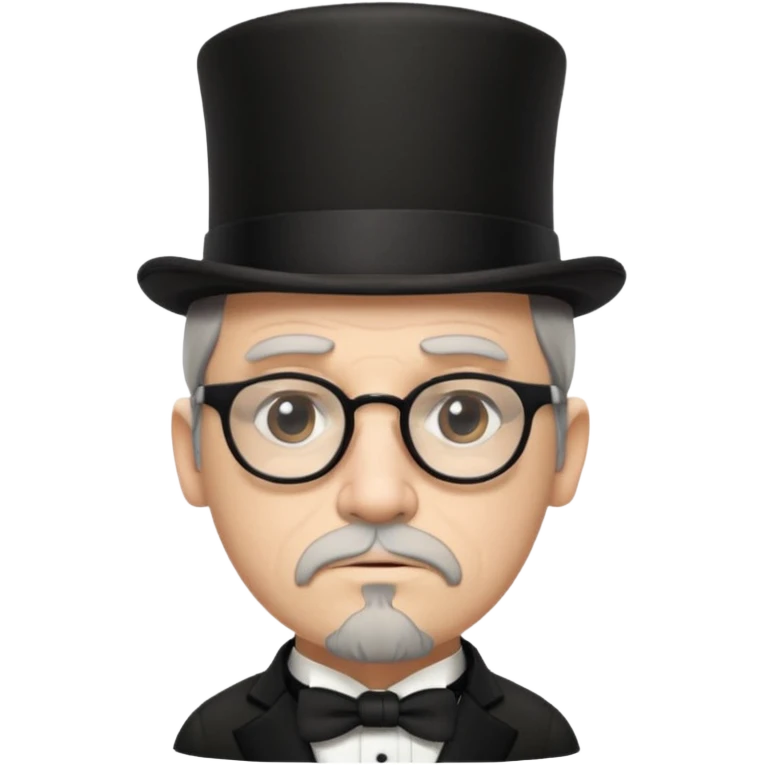 short top hat, glasses, and goatee. He has a serious unfaced expression, white, wrinkles and emoji