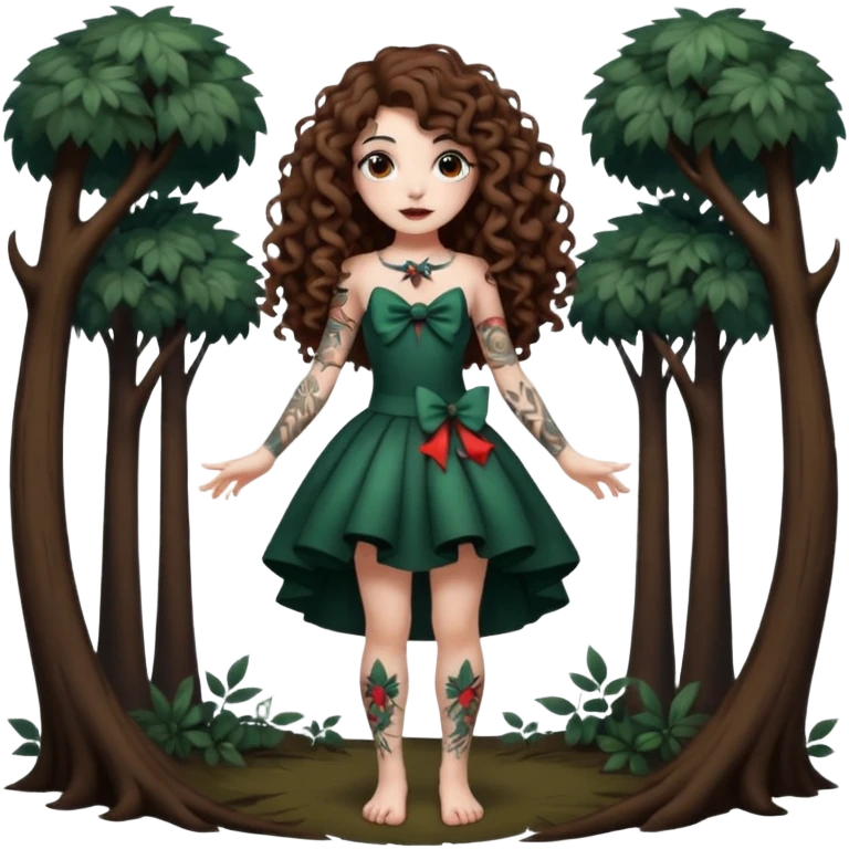 full body view of a woman with long curly brown hair, brown eyes, white skin, tattoos, playful bow like a dark forest performer emoji