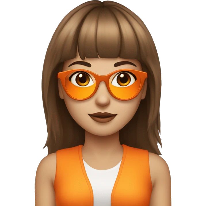 White skin girl with brown medium hair with bangs wearing orange sungglases emoji