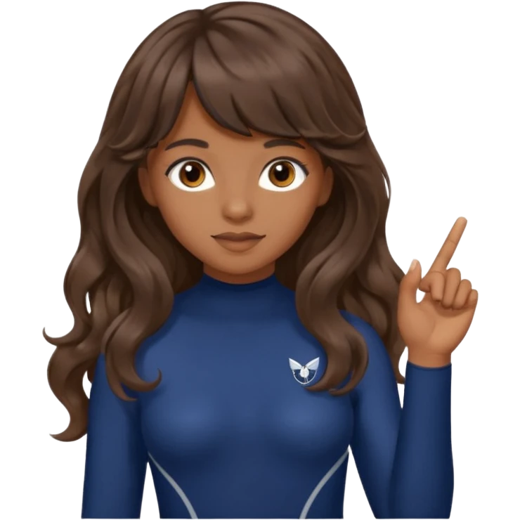 Uzun kahverengi dalgalı saçlı kahverengi gözlü esmer perçemli üzerinde lacivert parmak detaylı body olan bir kız yap emoji