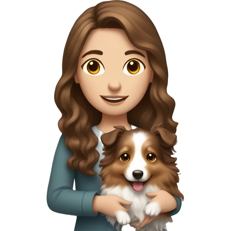 pale girl with wavy brown hair holding a sheltie emoji