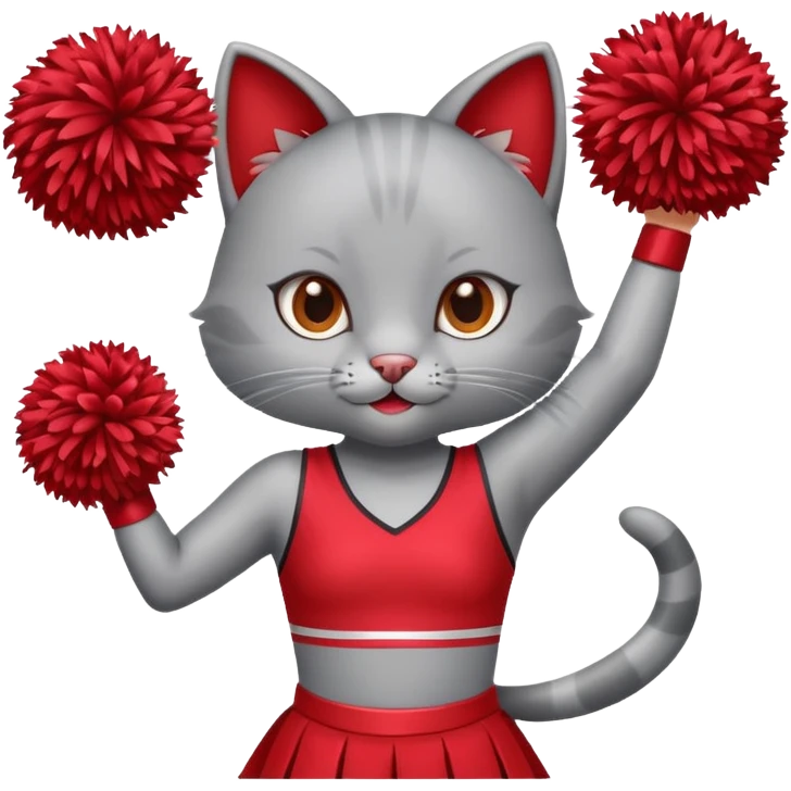 A cute sleek grey cat cheerleader twirling pom-poms with confident energy. emoji