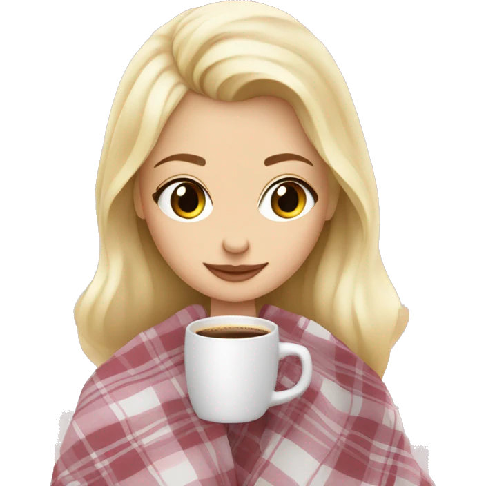 cute blonde girl wrapped in pastel pink plaid blanket drinking coffee emoji