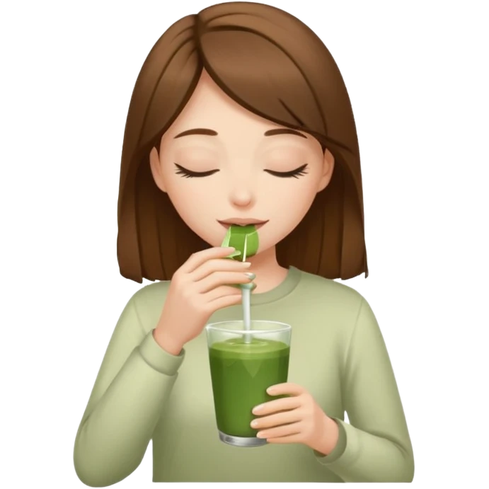 White girl with brown hair eyes closed enjoying matcha drink  emoji