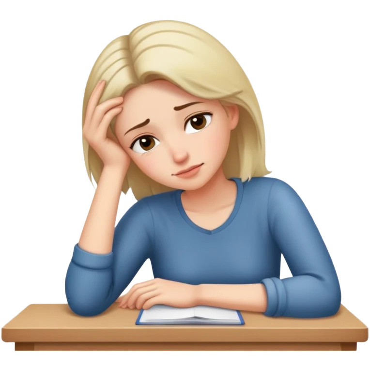Tired woman with slight smile leaning head on one hand, elbow on desk emoji