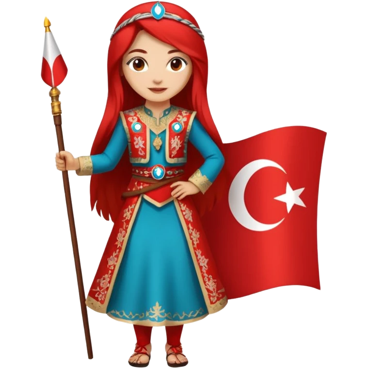 ultra sexy happy Turkish girl with Turkish flag in national outfit, full body, long bright hair emoji
