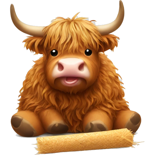 Mini highland cow we eating a beanie sitting with straw in its mouth emoji